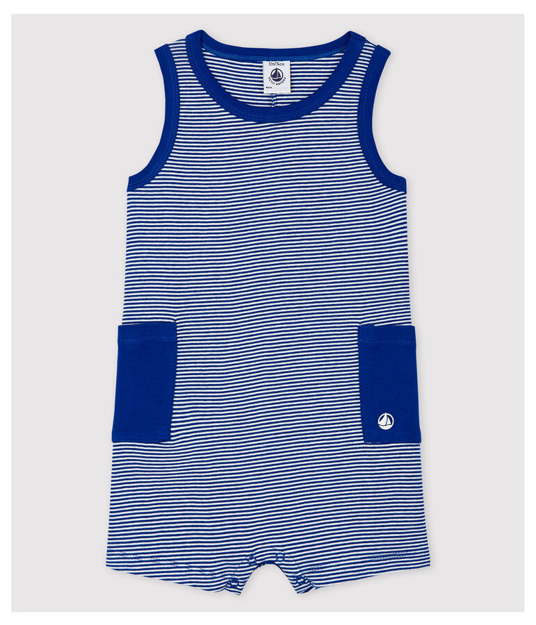 Korte gestreepte geribde jumpsuit voor babyjongens blauw/wit
