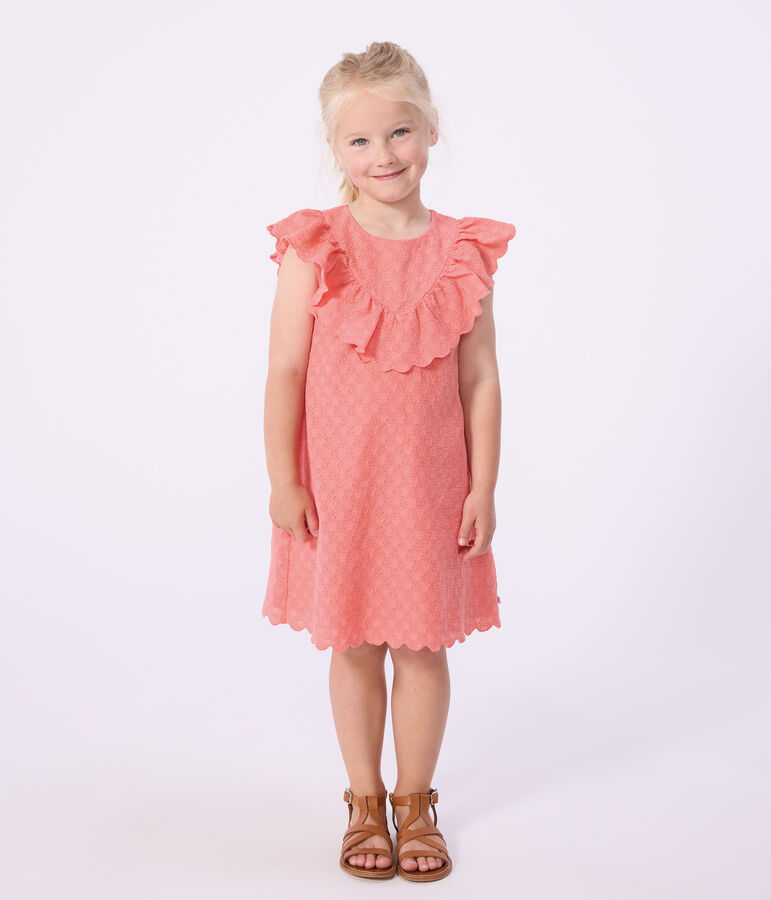 Robe enfant manches courtes en coton motifs c&oelig;urs rose