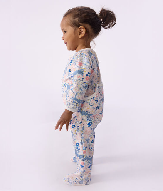 Babypyjama van geruwde fleece met opening op de rug en bloemetjesprint wit MARSHMALLOW/wit MULTICO