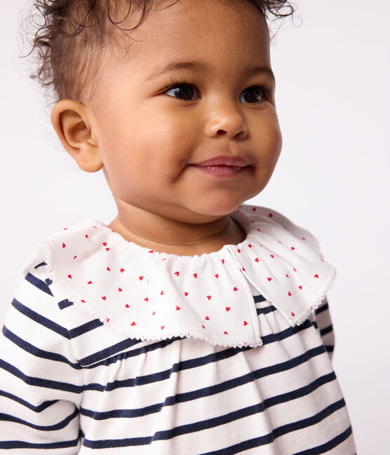 Katoenen babybloesje met lange mouw, matrozenstreepjes en kraag met hartjes wit MARSHMALLOW/blauw SMOKING