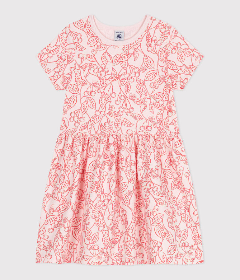 Robe enfant en coton manches courtes imprim&eacute; rose/rouge