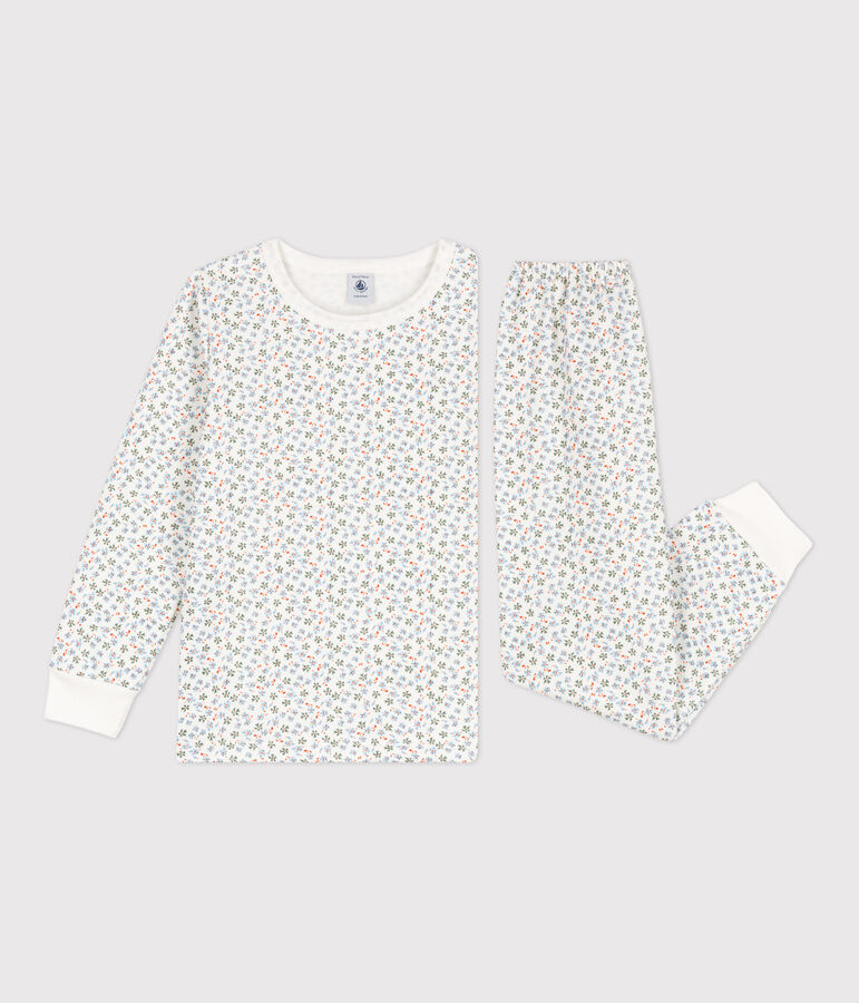 Pyjama fleur petite fille en molleton blanc MARSHMALLOW/blanc MULTICO