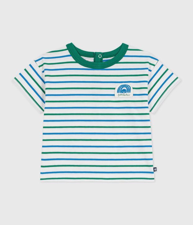 Katoenen T-shirt met korte mouwen en streepjes voor baby's wit/multicouleur