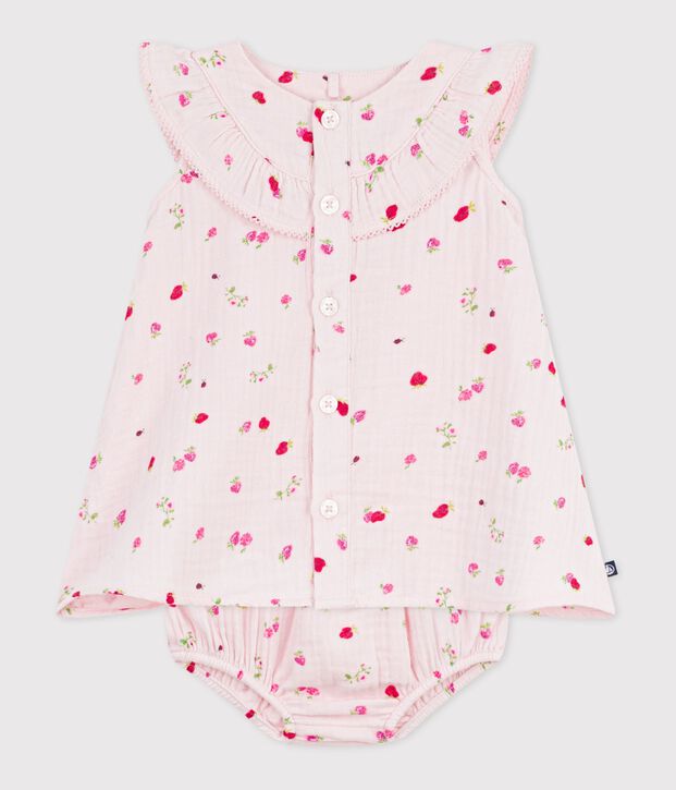 Robe b&eacute;b&eacute; en coton avec son bloomer, imprim&eacute;s fleurs rose/multicouleur