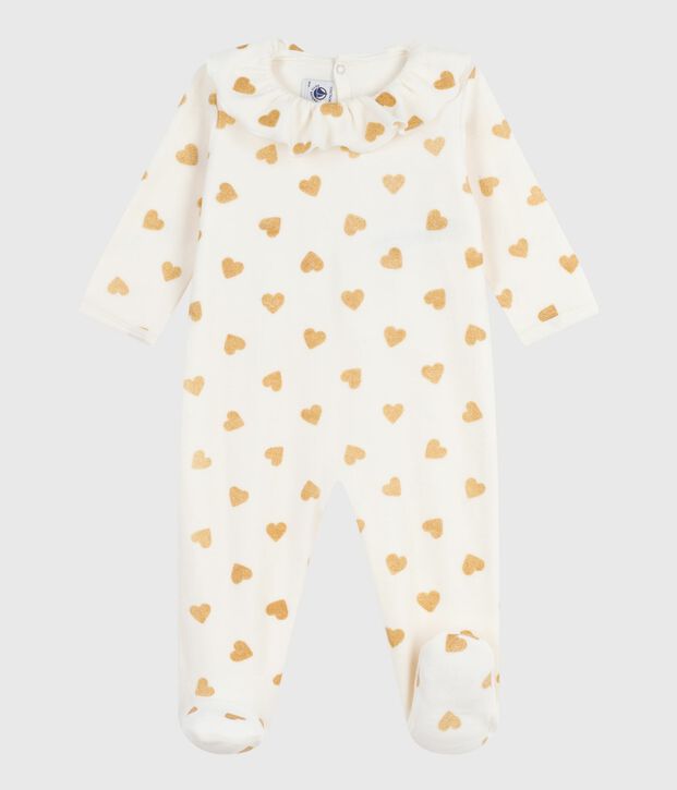 Babypyjama van fluweel met opening aan de achterkant en bedrukt met paillettenhartjes ecru/geel