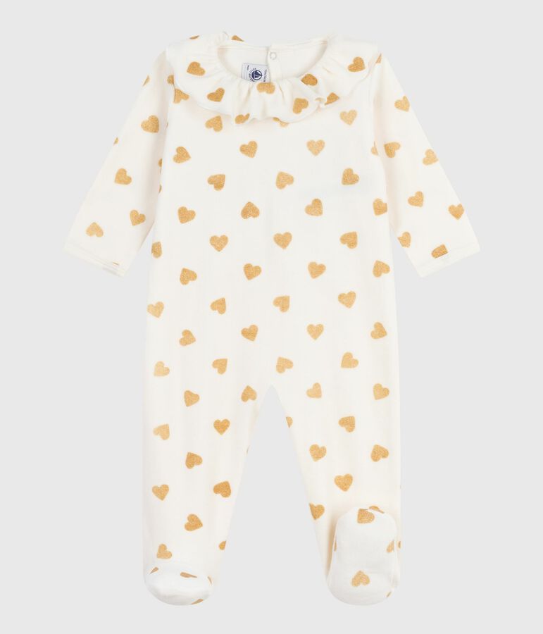 Babypyjama van fluweel met opening aan de achterkant en bedrukt met paillettenhartjes ecru/geel