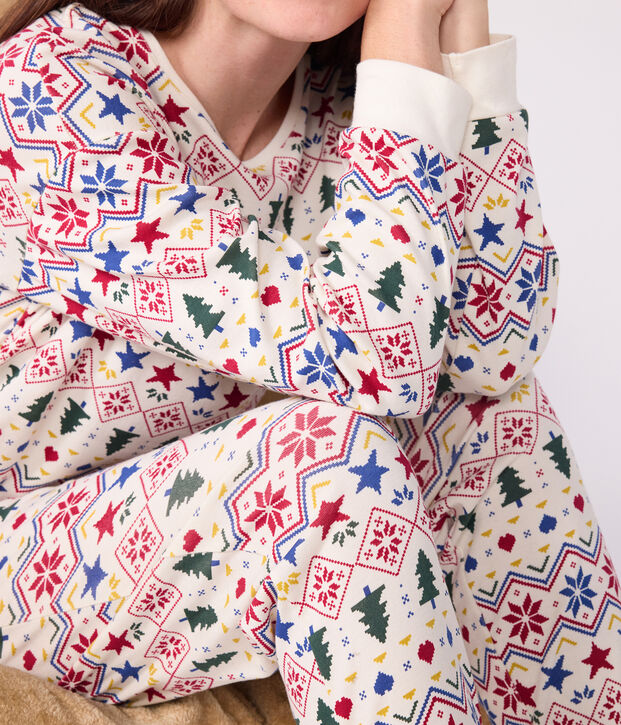Pyjama femme en coton imprim&eacute; No&euml;l &eacute;cru/multicouleur