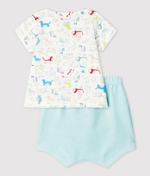 Ensemble 2 pi&egrave;ces chiots color&eacute;s b&eacute;b&eacute; en bouclette &eacute;ponge et en coton biologique blanc/multicouleur