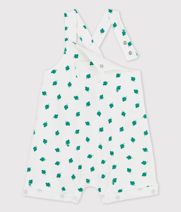Korte salopette van molton voor baby's met plantenprint wit/groen