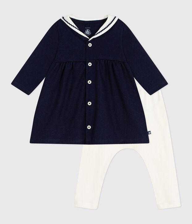 Robe b&eacute;b&eacute; esprit marin et col vareuse et legging en coton bleu/&eacute;cru
