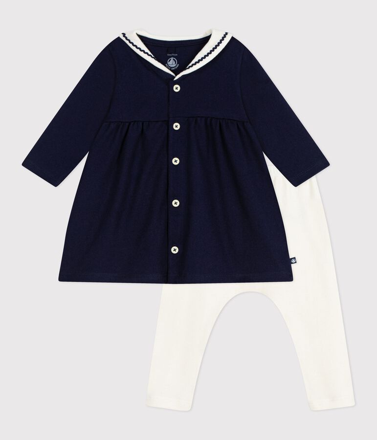 Robe b&eacute;b&eacute; esprit marin et col vareuse et legging en coton bleu/&eacute;cru