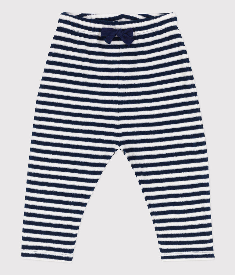 Pantalon b&eacute;b&eacute; en bouclette &eacute;ponge ray&eacute;e bleu/blanc