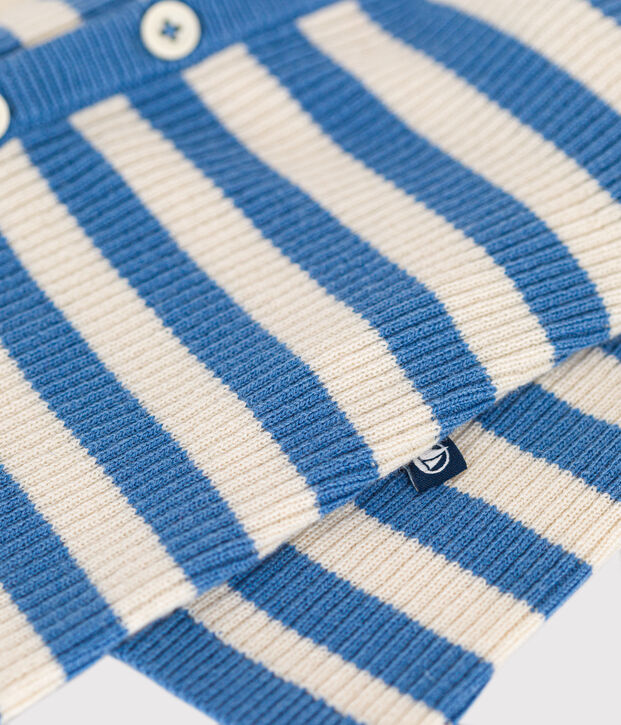 Gestreept babypakje in gebreide tricot en wil blauw/ecru