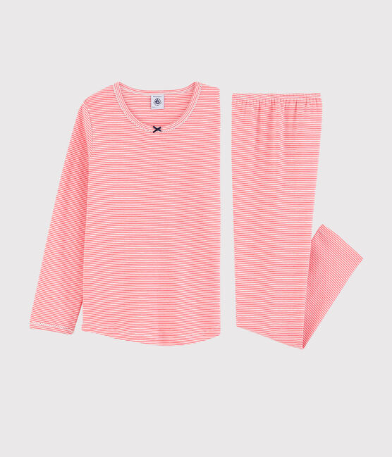 Gestreepte milleraie katoenen pyjama voor meisjes roze PEACHY/wit MARSHMALLOW
