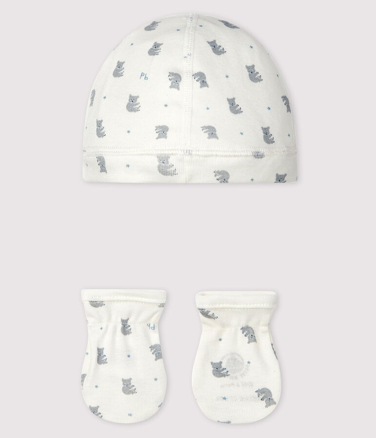 Lot bonnet naissance et moufles b&eacute;b&eacute; en c&ocirc;te multicouleur