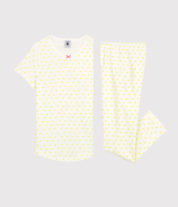 Katoenen pyjama voor meisjes met gele stippen wit/geel