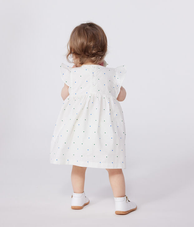 Witte katoenen babyjurk met bloomer in stippenprint wit/multicouleur