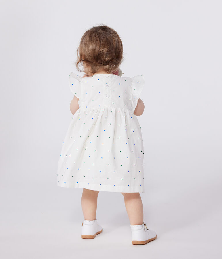 Witte katoenen babyjurk met bloomer in stippenprint wit/multicouleur