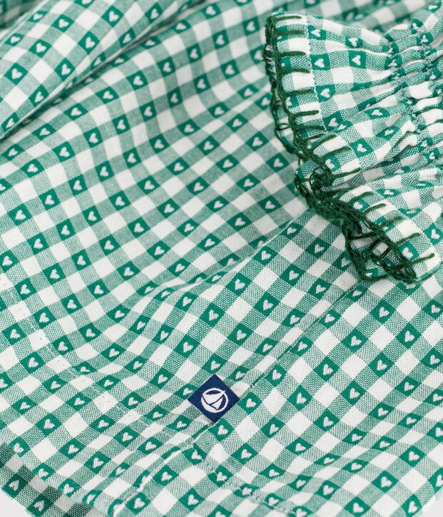 Robe enfant en popeline manches longues vichy vert/blanc