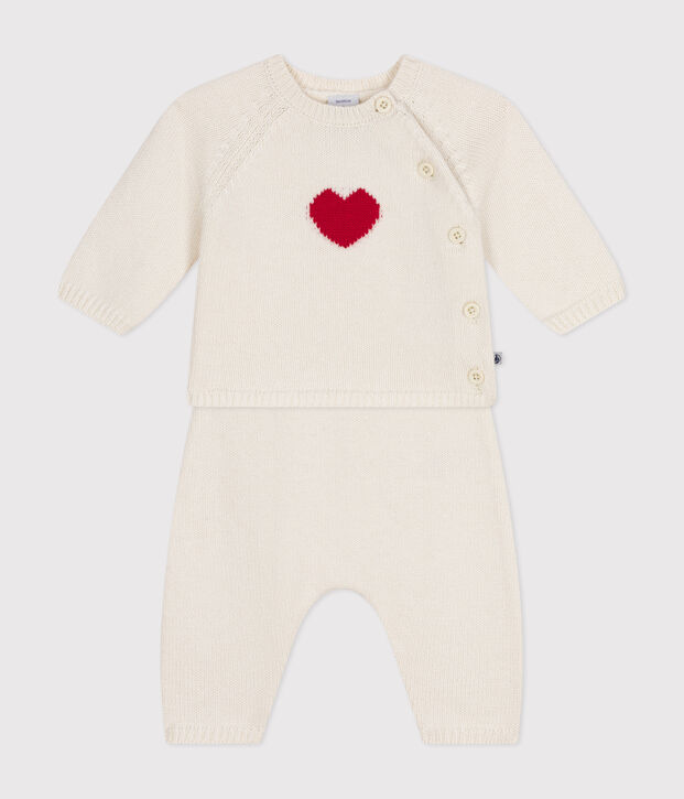 Gebreid setje van wol en katoen met hartjesmotief voor baby's wit/rood