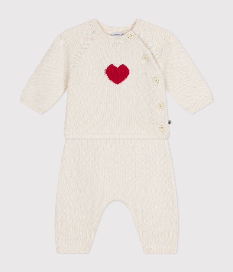 Ensemble en tricot laine et coton motif coeur b&eacute;b&eacute; blanc/rouge