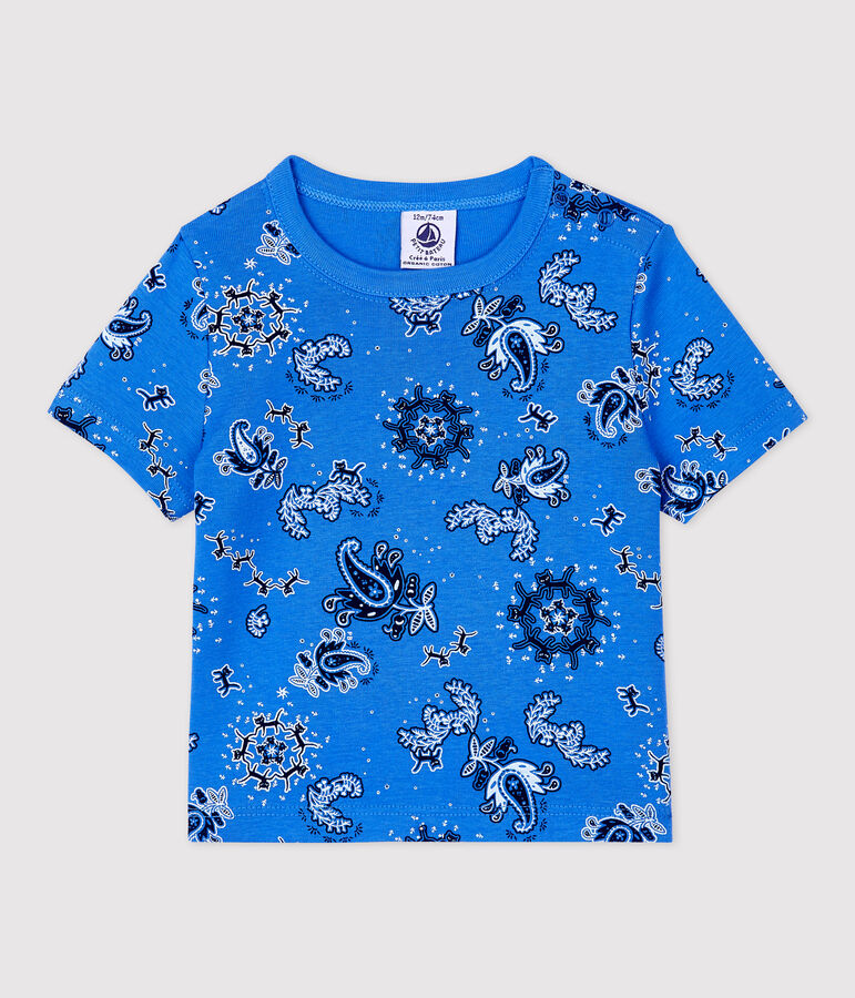 T-shirt met korte mouwen van biokatoen met bandanamotief voor baby's blauw BRASIER/wit MULTICO