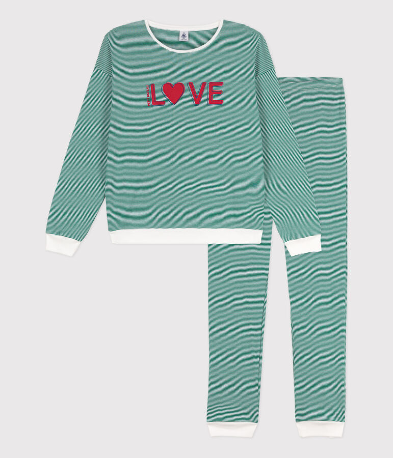 Katoenen damespyjama met milleraies-streepjes groen/wit