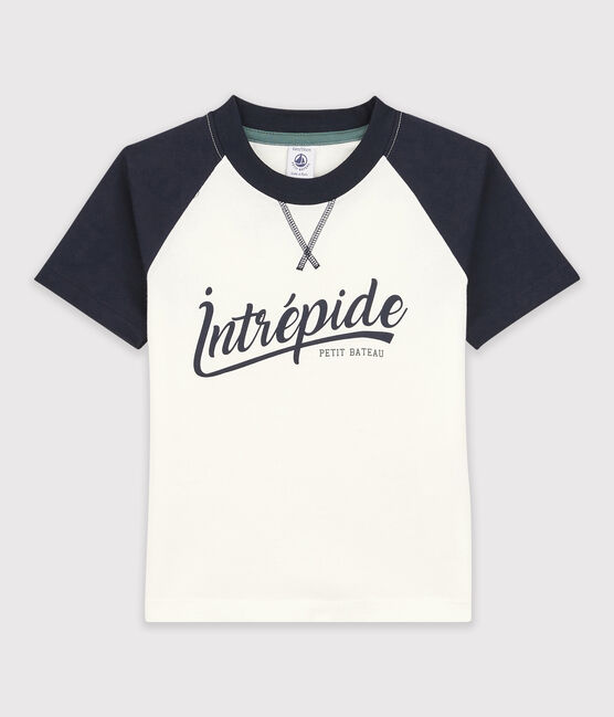 Jersey T-shirt met korte mouwen voor jongens wit MARSHMALLOW/blauw SMOKING