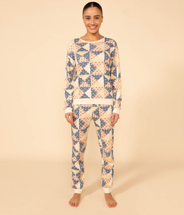 Pyjama patchwork en coton femme &eacute;cru/multicouleur