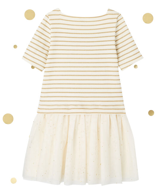 Robe fille bi-matière à rayures brillantes beige COQUILLE/jaune LUREX DORE