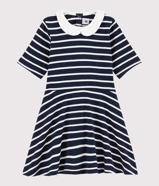 Katoenen jurk met korte mouwen voor meisjes blauw SMOKING/wit MARSHMALLOW