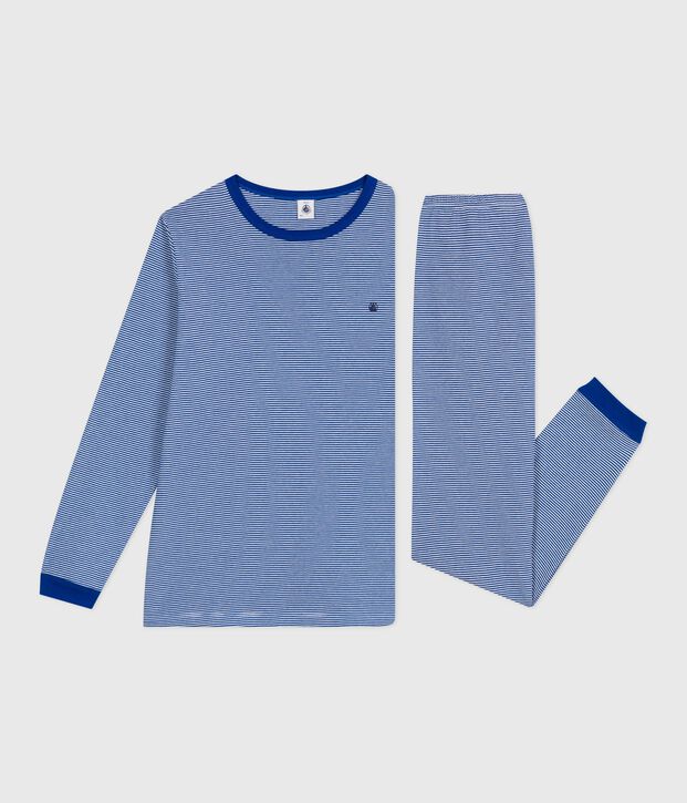 Pyjama enfant en coton &agrave; rayures bleu/blanc