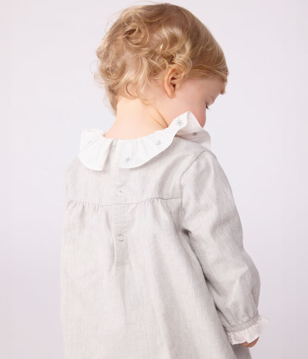 Robe b&eacute;b&eacute; en flanelle manches longues unie &agrave; col gris chin&eacute;