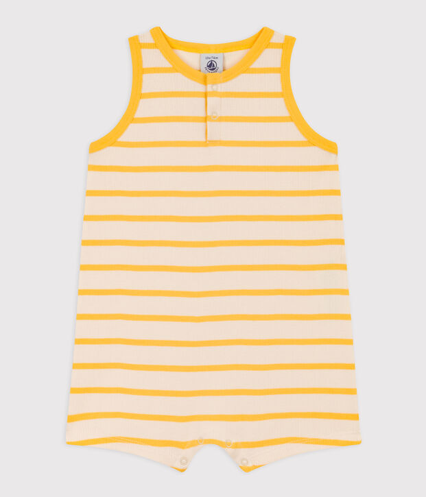Combinaison courte b&eacute;b&eacute; en maille c&ocirc;tel&eacute;e ray&eacute;e &eacute;cru/jaune