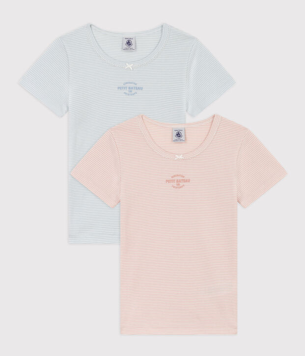 Set van 2 katoenen T-shirts met korte mouwen en milleraies-streepjes voor meisjes multicouleur