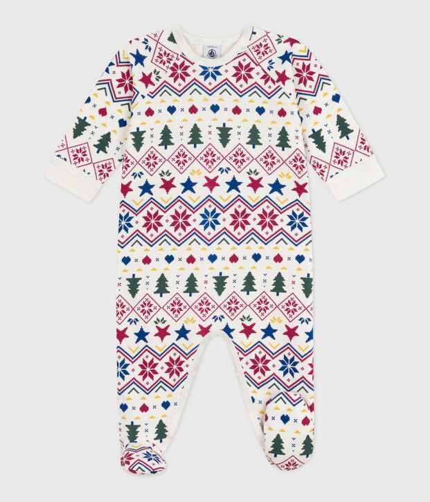 Babypyjama met rits van geruwde fleece met kerstprint ecru/multicouleur