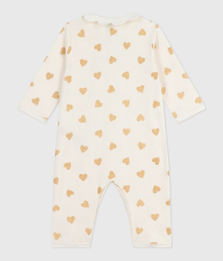 Baby pyjama van katoen zonder voetjes met gouden glitter hartjesprint ecru/geel