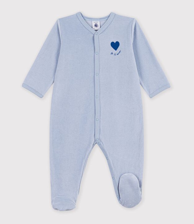 Pyjama b&eacute;b&eacute; en velours uni avec motif plac&eacute; bleu