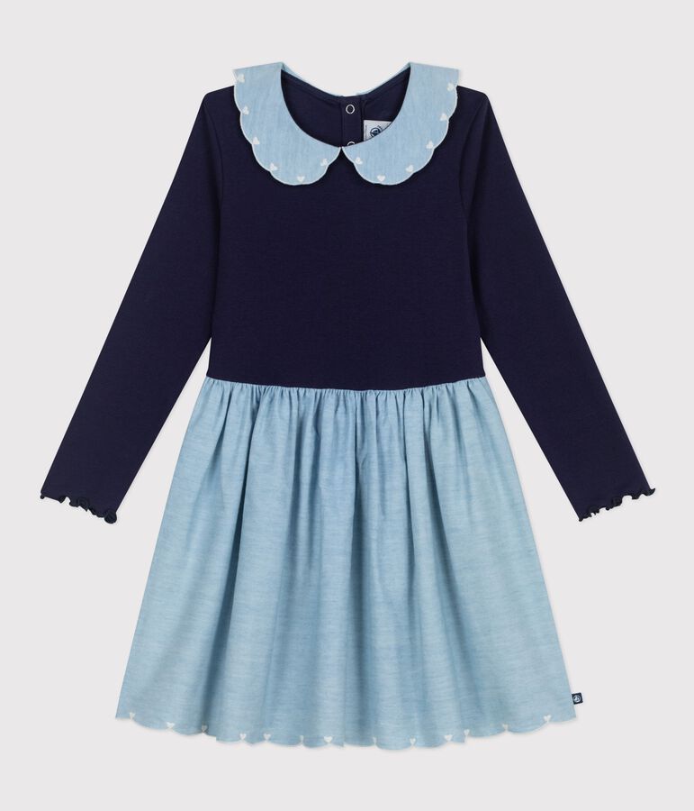 Katoenen kinderjurk met lange mouwen in twee materialen blauw SOIR