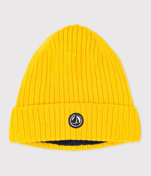 Bonnet enfant en tricot doubl&eacute; en polaire jaune
