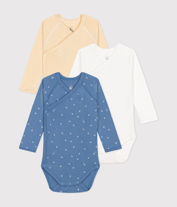 Lot de 3 bodies crois&eacute;s manches longues en coton b&eacute;b&eacute; multicouleur