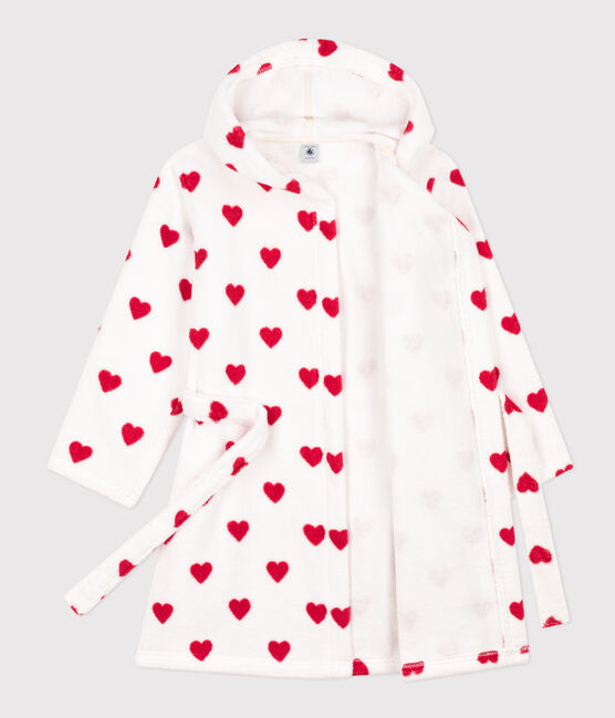 Badjas in badstof met hartjes voor meisjes/jongens wit MARSHMALLOW/rood TERKUIT