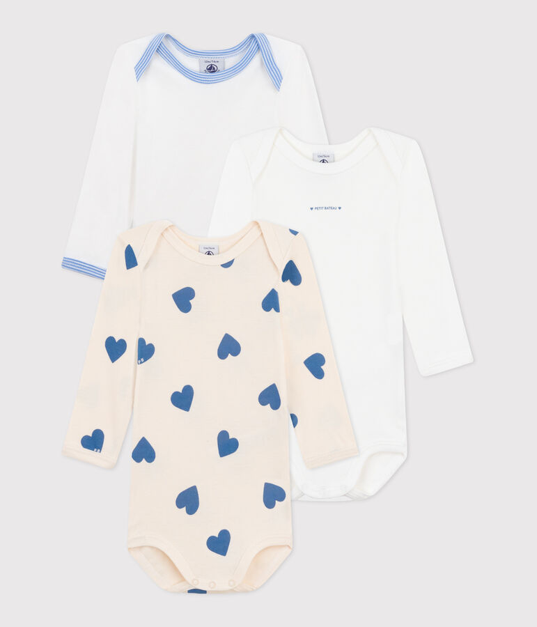 Lot de 3 bodies manches longues c&oelig;urs bleu en coton b&eacute;b&eacute; variante 1