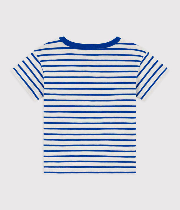 Katoenen T-shirt met korte mouwen en streepjes voor baby's wit/blauw