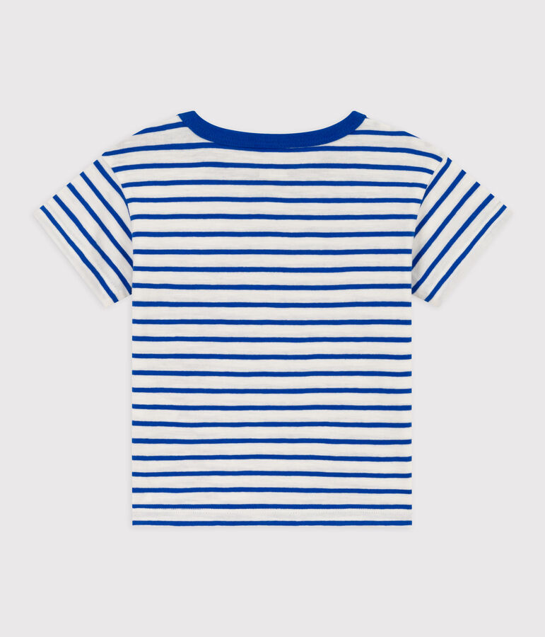 Katoenen T-shirt met korte mouwen en streepjes voor baby's wit MARSHMALLOW/blauw PERSE