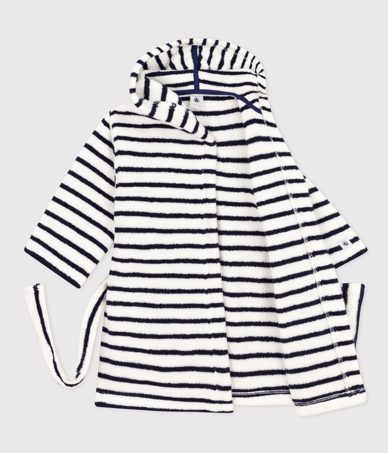 Gestreepte kinderbadjas van badstof wit/blauw