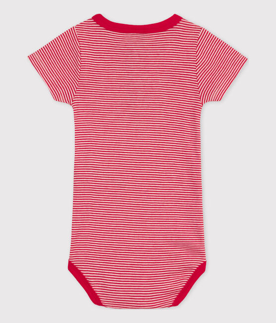 Katoenen body met korte mouwen en 'milleraies'-streepjes voor baby's rood CORRIDA/wit MARSHMALLOW