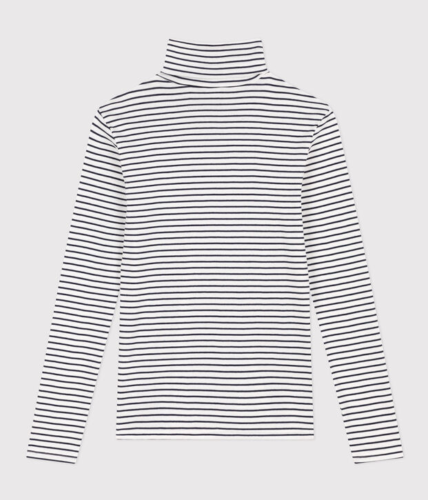 L'ICONIQUE, dames-T-shirt met rolkraag in katoen wit/blauw