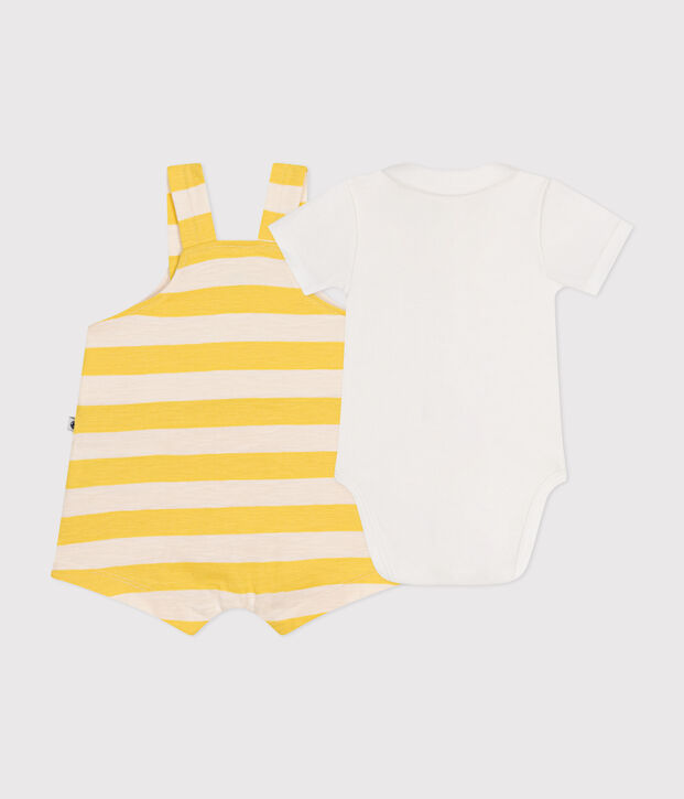 Babysetje met salopette van gevlamde jersey geel/ecru