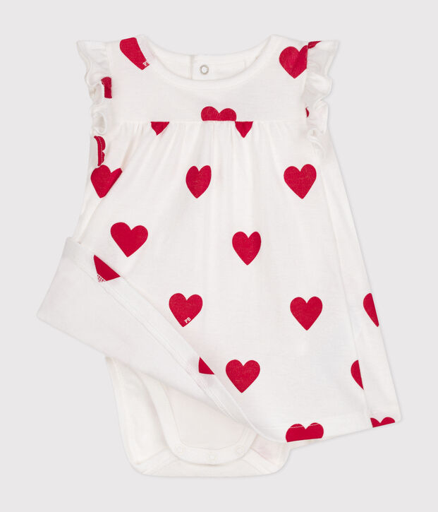 Robe body imprim&eacute;e coeur en coton bio b&eacute;b&eacute; blanc/rouge